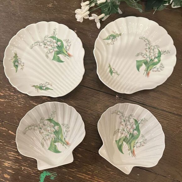 Limoges France Vintage Porcelain Lily Of The Valley Shell Dishes Big & Small 4pc - Picture 2 of 9